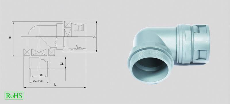 Technical drawing of a pipe with an angled piece on the right; dimensions and perspective view shown; RoHS compliant.