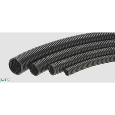 Various sizes of black, flexible corrugated conduits, lying side by side; suitable for cable protection, RoHS compliant.