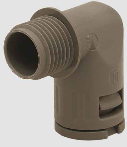 Brown plastic angle connector with threaded ridges and smooth surface, used for connecting pipes in installation engineering.