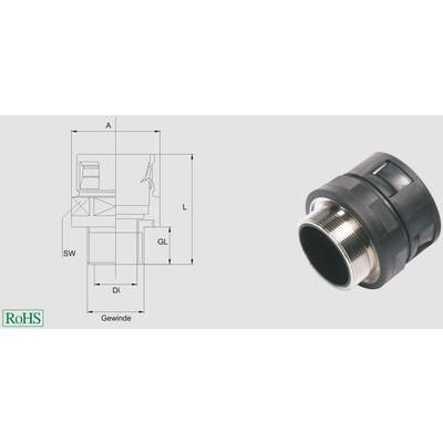 Technical Drawing and Product Photograph of a Cable Gland Component with Thread and Dimensions. Text Element: 'RoHS'.