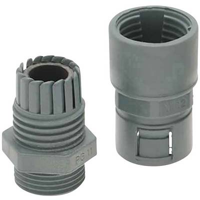 Two grey plastic connecting pieces; the left one with an internal thread, the right a smooth adapter; suitable for cable installation.