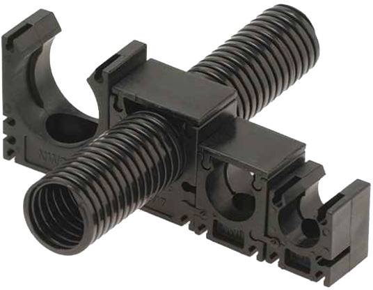 A black, mechanical component with threads, shaped like a T-piece. It appears to be used as a connecting element.