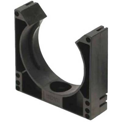 A black plastic holder with a rounded recess. It is used to securely fix cylindrical objects.
