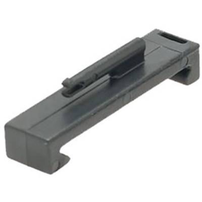 A black, rectangular plastic clip, possibly a belt clip for securing an item.