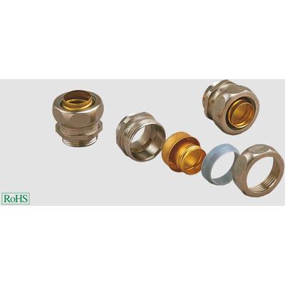 Various metal cable gland components dismantled, ready for assembly. Bottom left, a RoHS certificate tag.