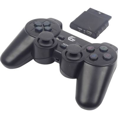 A black video game controller with two joysticks, multiple buttons, and a separate wireless receiver.