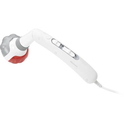 White electric hand massage device with red and grey massage head and control elements on the handle, connected with a cable.
