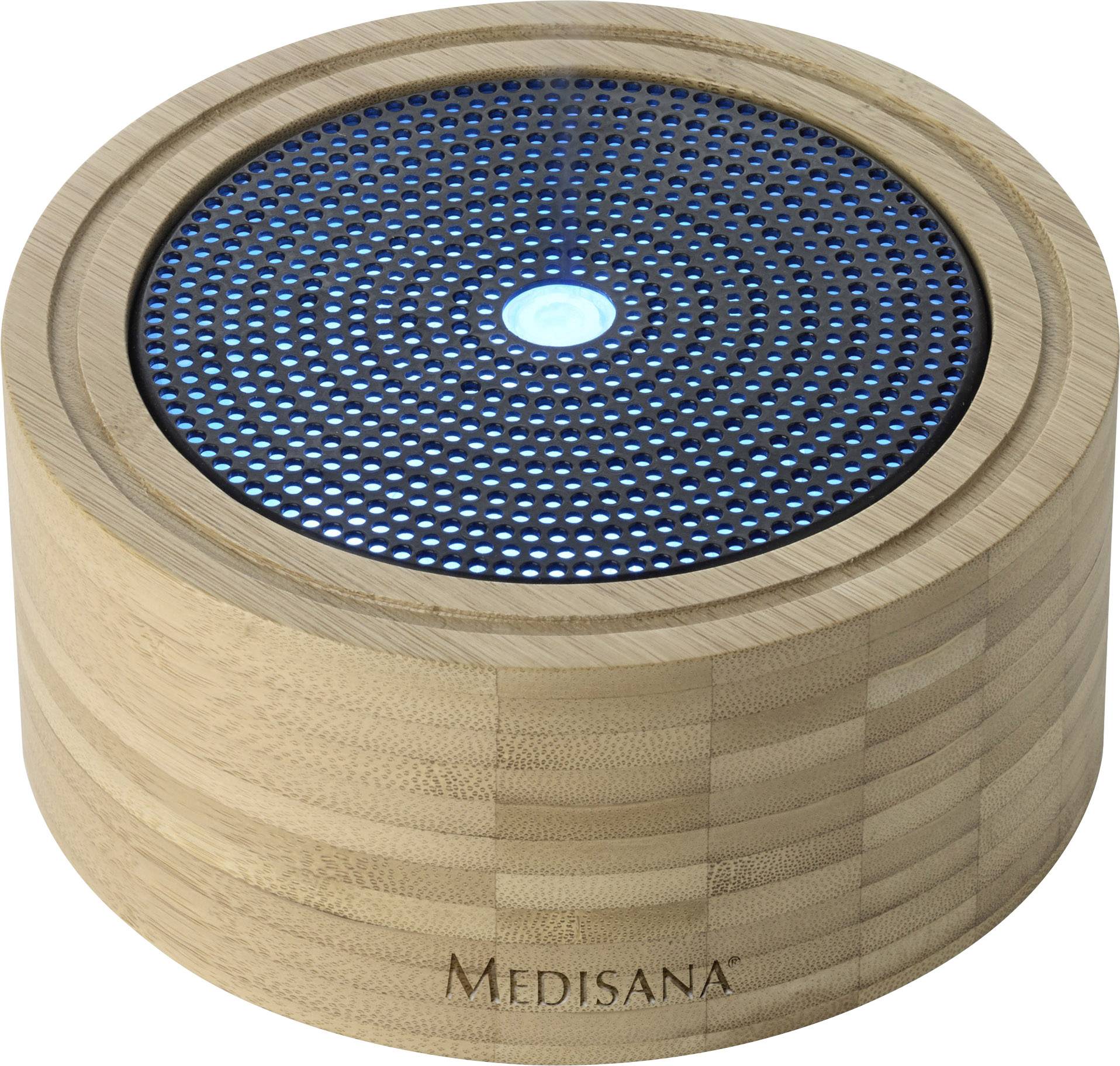 A round humidifier with a wood-effect surface and a glowing blue LED in the centre. The 'Medisana' brand visible at the front.