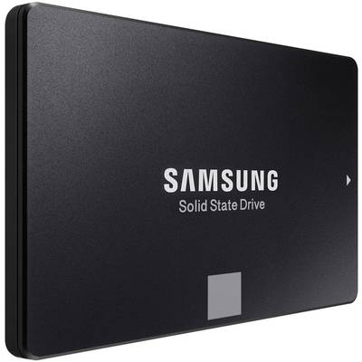 Samsung Solid State Drive (SSD), black casing surface, angled view, distinctive white lettering.