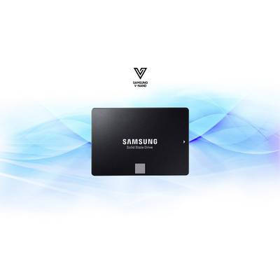A black Samsung Solid State Drive (SSD) in front of a blue and white background with the Samsung V-NAND logo above it.