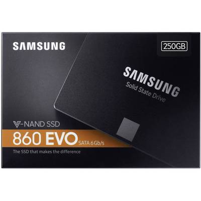 A black Samsung 860 EVO SSD with 250 GB capacity is shown. The text 'The SSD that makes the difference' is printed on it.
