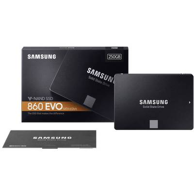 Samsung 860 EVO SSD, 250GB. Black casing with product name. Packaging and instructions included. SATA 6Gb/s interface.