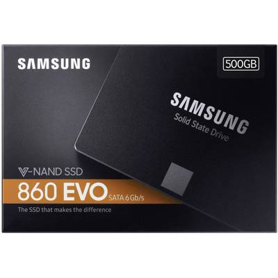 Solid-state drive Samsung 860 EVO with 500 GB, supporting SATA 6 Gb/s, as shown on the packaging. Contains 'V-NAND SSD' text.