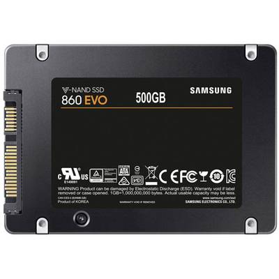 'V-NAND SSD 860 EVO, 500GB' Labelling of a Samsung SSD drive. Contains technical symbols and electrostatic discharge warnings.<br><br>Translated to British English with technical precision while maintaining the original meaning and structure.