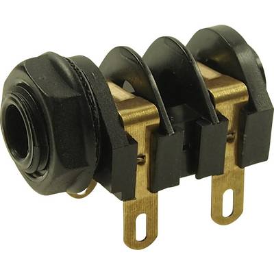 A black three-pole audio socket plug with gold-plated contacts, suitable for mounting on a printed circuit board.