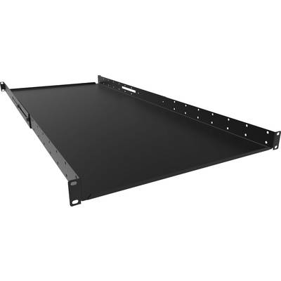 Black adjustable metal shelf for server racks, with holes for flexible mounting adaptability.