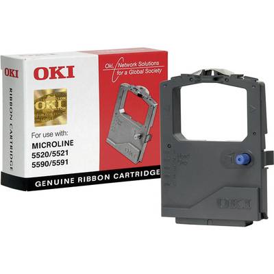 'Grey ribbon for OKI printers next to Oki packaging. Model compatibility: Microline 5520/5521, 5590/5591. For reliable printing.'