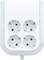 Four-way white power strip with rounded corners, with two socket slots on the top and bottom, without attached cables.