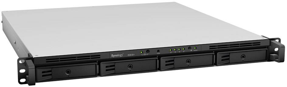 Shallow server with four hard drive bays, LED indicators and a grey chassis.