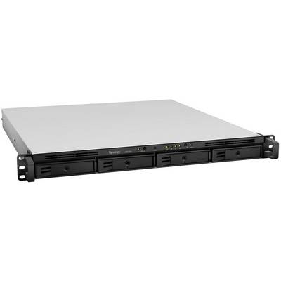 Shallow server with four hard drive bays, LED indicators and a grey chassis.
