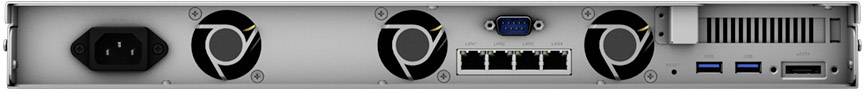 Back of a server chassis with power connection, fans, five Ethernet ports, two USB ports, and a VGA port.