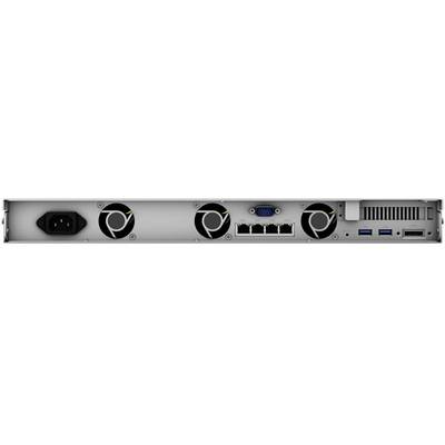 Back of a server chassis with power connection, fans, five Ethernet ports, two USB ports, and a VGA port.
