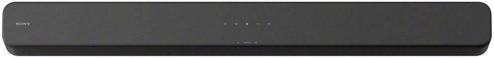 Black soundbar with Sony logo on the left. Slim design, centrally positioned controls on top. Ideal for home cinema systems.