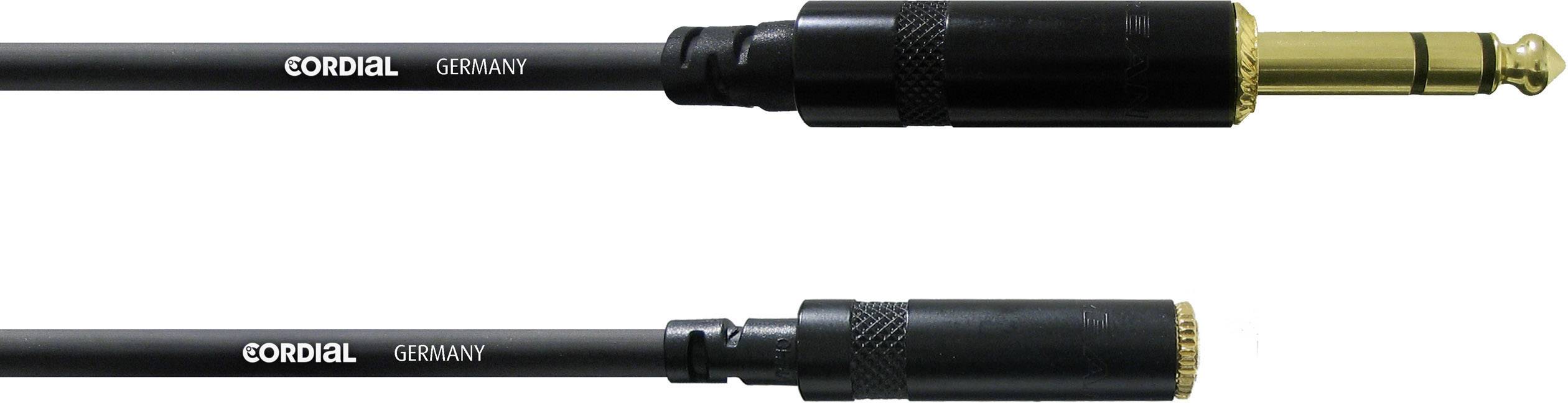 At the top, a cable with a large jack plug, at the bottom with a small jack plug. Both cables are from the brand 'Cordial'.
