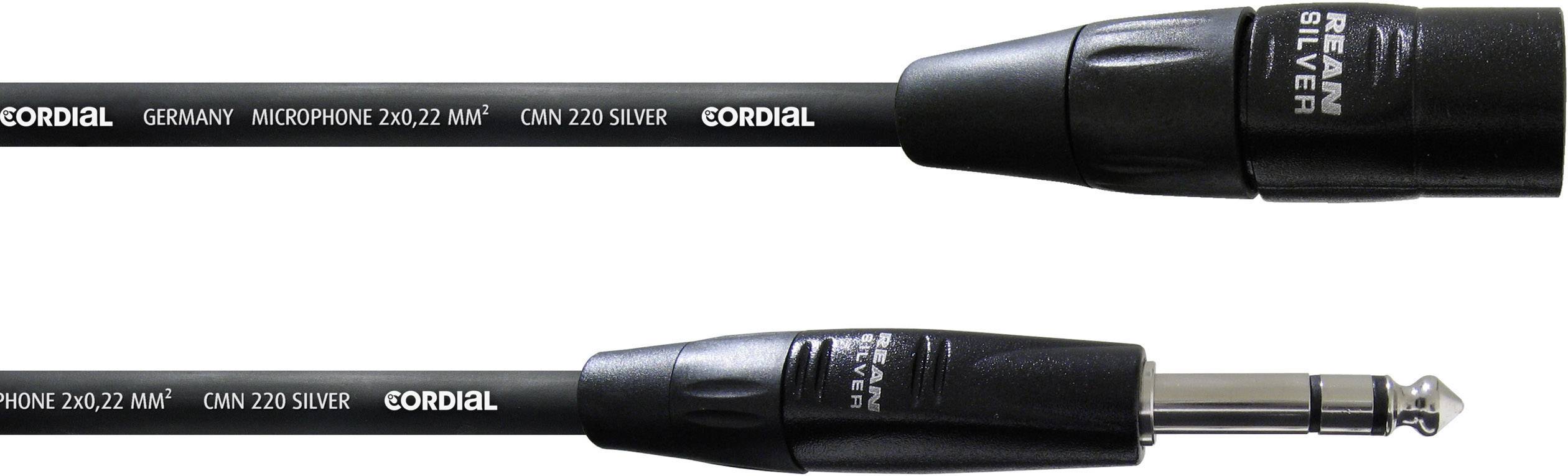 XLR microphone cable with silver connectors and black sheath, labelled with 'Cordial Germany'. Suitable for audio connections.