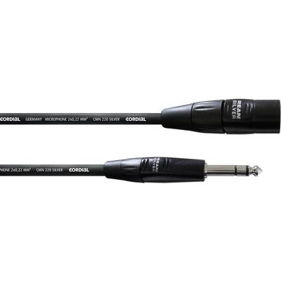 XLR microphone cable with silver connectors and black sheath, labelled with 'Cordial Germany'. Suitable for audio connections.