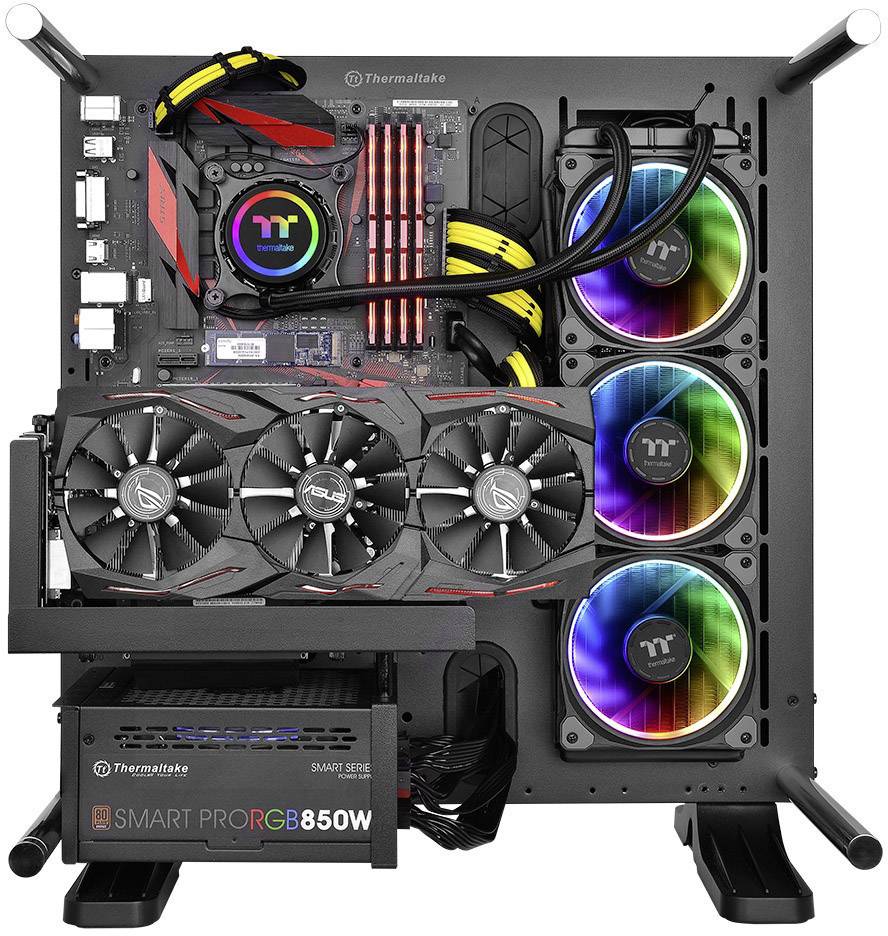 An open gaming PC with RGB-illuminated fans, a high-performance graphics card and 'SMART PRO RGB 850W' power supply, showcasing the internal hardware.
