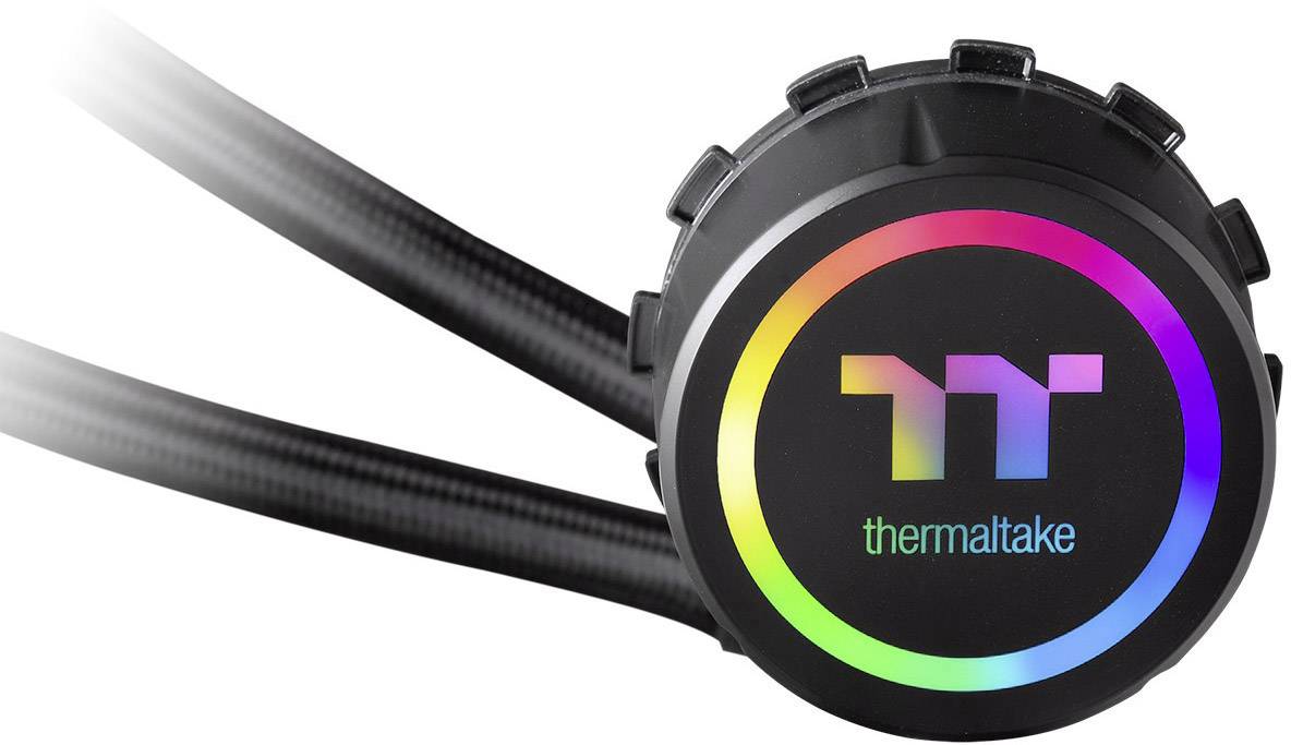 Coolant pump with Thermaltake logo and colourful LED lighting, with two black hoses connected.