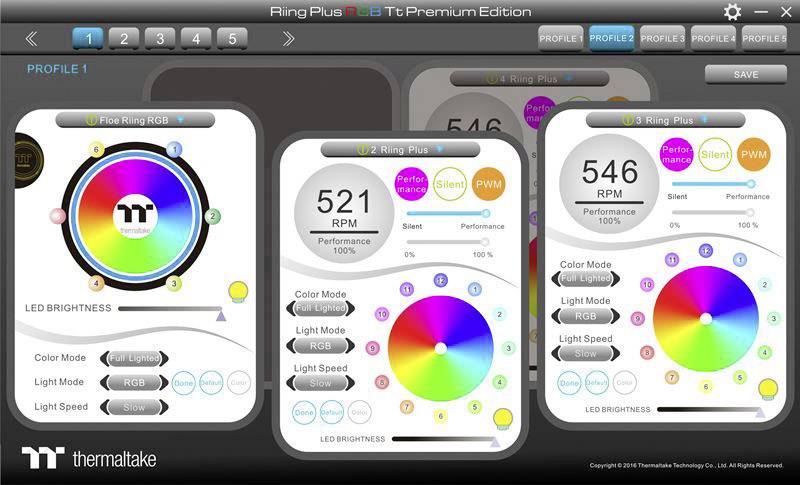 Three user interfaces for fan control with LED colour selection wheels, speed indications and performance information. Profile selection at the top.