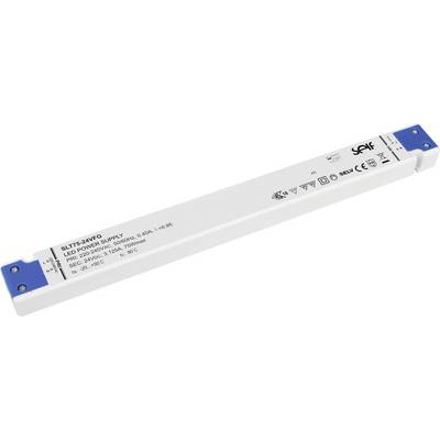 Slim LED power supply, model SLT75-24VF-9, with technical details and certifications printed on it.