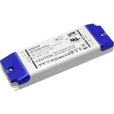 LED power supply SLT30-12VF in a rectangular enclosure with blue end caps. Labelled with technical specifications and safety warnings.