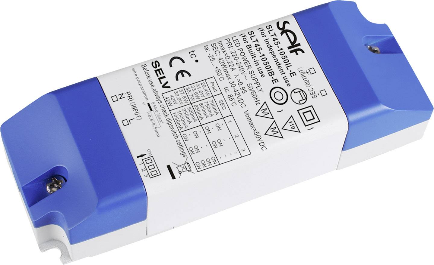 Self Electronics SLT45-1050IL-E LED driver Constant current 42 W 700 - 1050 mA 30.0 - 42.0 V DC Approved for use on furniture, not dimmable, Surge protection,