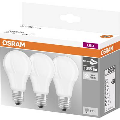 OSRAM LED light bulbs 10.5W in a 3-pack, E27 fitting, 1055 lumens, Energy Class A+, cool white light colour, replaces 75W.