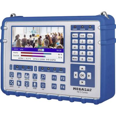 Portable satellite measuring device with screen displaying TV channels and signal quality. Control and navigation buttons are visible.