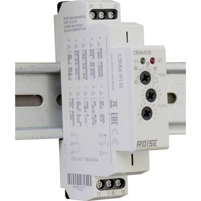 A relay module mounted on a DIN rail, showing electrical circuit diagrams and technical details. Model number: CRM-91H.