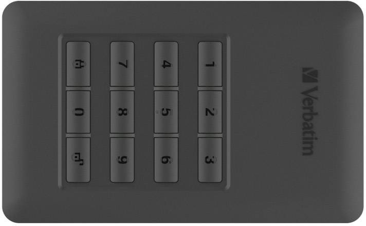Black device with numeric keypad from 0 to 9 and 'Verbatim' logo on the right. It is likely a security lock or a portable device with password protection.