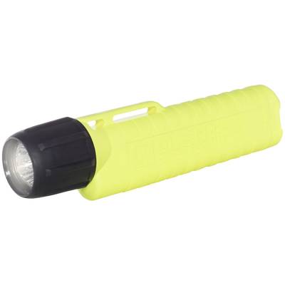 Yellow, cylindrical torch with a black head. Plastic casing with a ribbed surface for improved grip.