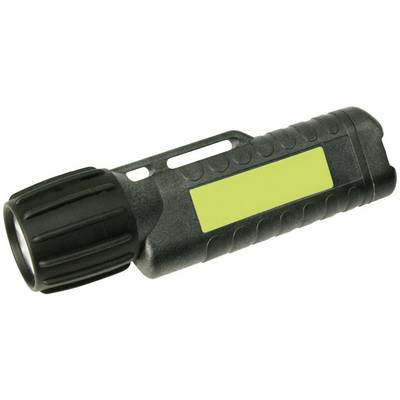 Black torch with a grippy casing and bright yellow sticker area, suitable for outdoor activities.