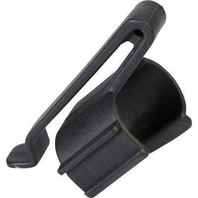 Black plastic mounting bracket, suitable for securing a pipe or rod; side view, industrial design.