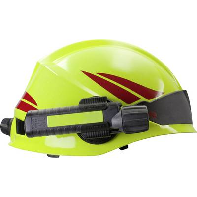 A yellow safety helmet with a red striped pattern and an attached black torch, side view.
