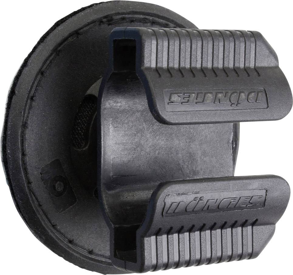 A black rubber bung with ribbed sides and a round base, possibly a component of a hose or piping system.