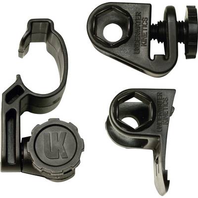 Three black plastic camera or lens mountings on a white background, with various mounting options.