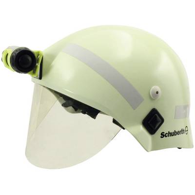 A firefighter's helmet with a visor and lamp on the side, brand name 'Schuberth', pictured on the right side.