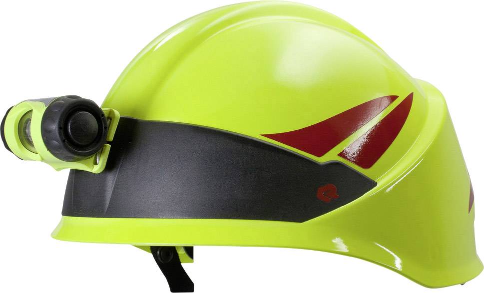 A yellow safety helmet with a red accent and an integrated lamp on the side, used for protection and illumination on construction sites.