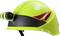 A yellow safety helmet with a red accent and an integrated lamp on the side, used for protection and illumination on construction sites.