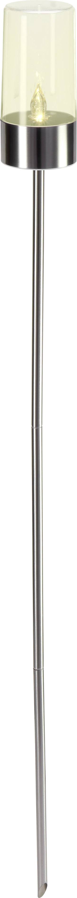 Solar-powered garden light made of stainless steel with a cylindrical, transparent lamp shade, suitable for outdoor lighting.